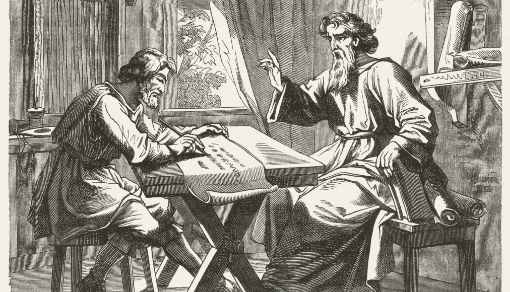 Paul dictant l’Epître aux Romains à Tertius. Gravure sur bois du peintre allemand Julius Schnorr von Carolsfeld (1794-1872) inspirée par Romains 16:22. / @iStock